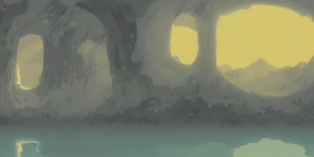 Image similar to a cell - shaded studio ghibli concept art study of a square dimensional portal doorway in a flooded desert on a misty starry night. a waterfall is flowing out of the portal. very dull colors, hd, 4 k, hq