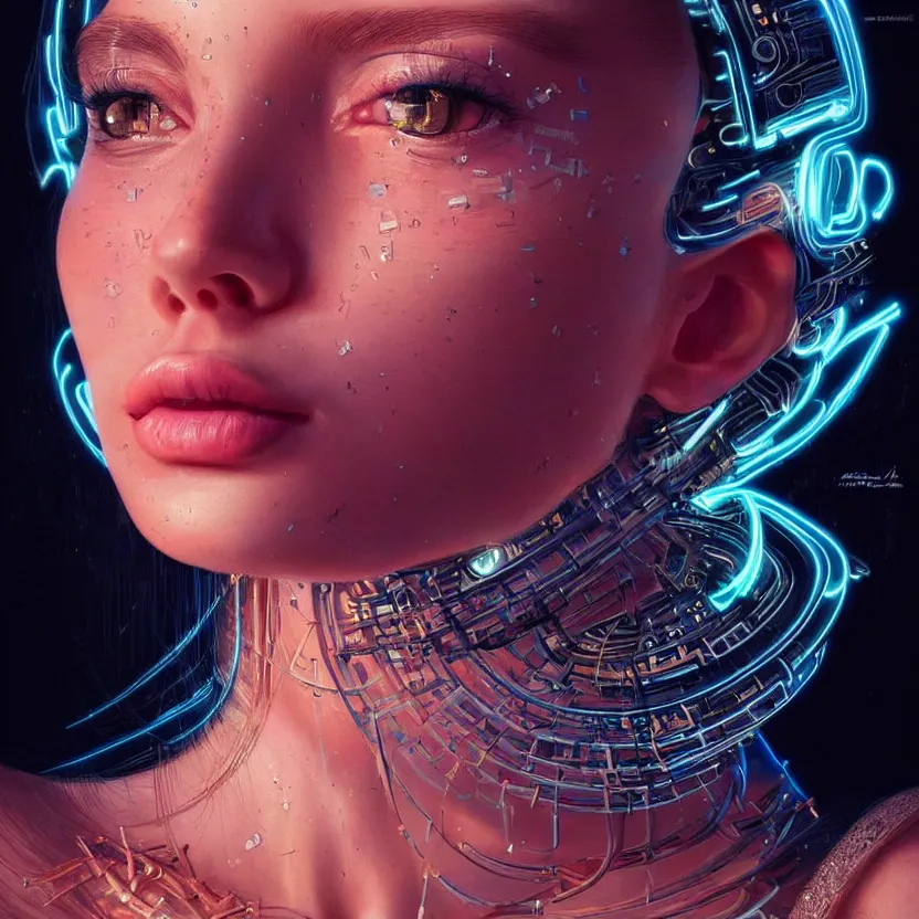 Image similar to a highly detailed long shot photo of very intricate female face portrait, futurism, rococo cyber neon lighting, detailed futuristic fibonacci jewelry, profile posing, hyper photorealistic, crispy quality, digital photography, trending in pinterest, cinematic, 4 k ultra hd, art by pascal blanche, art by greg rutkowski, art by artgerm,