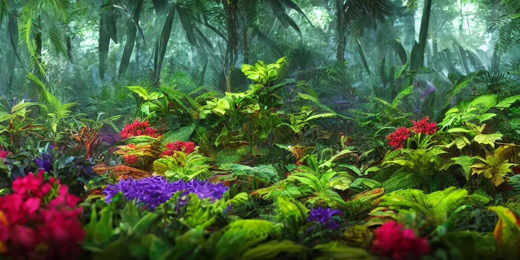 Image similar to An alien jungle, colorful flowers, glowing stone, reflection, rain, morning light, photorealistic, realistic, depth of field, high definition, soft light, high definition, detailed, 8k, artstation