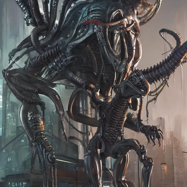 Image similar to a xenomorph - cyborg hybrid in a cyberpunk - city, industrial sci - fi, by mandy jurgens, ernst haeckel, james jean