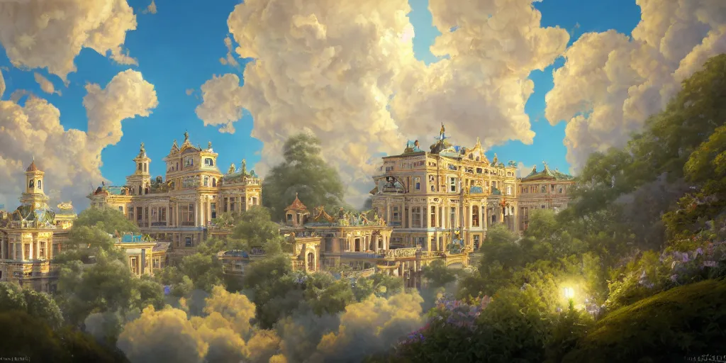 Image similar to A realistic painting of The Cat and its Rococo Palace in the sky with blue flowers and clouds, in the style of Krenz Cushart, Moebius, and Muchain, Prismatic, Rococo, Pearlescent, reflective, shimmering, highly detailed, masterpiece, dreamy, concept art, Cinema lighting, 8k, trending on artstation