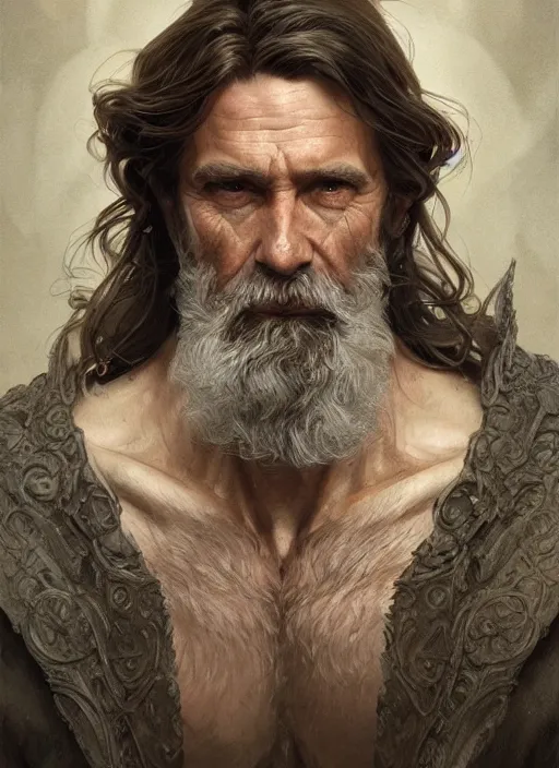 Image similar to portrait of a ruggedly old handsome cleric, soft hair, muscular body, half body, hairy, d & d, fantasy, intricate, elegant, highly detailed, digital painting, artstation, concept art, smooth, sharp focus, illustration, art by artgerm and greg rutkowski and alphonse mucha