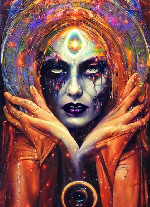 Prompt: gorgeous magic cult psychic woman smiling, third eye, energetic consciousness psychedelic, epic surrealism expressionism symbolism, story telling, iconic, dark robed, oil painting, symmetrical face, dark myth mythos, by Sandra Chevrier , Bruce Pennington, masterpiece