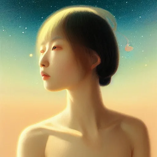 Image similar to a ultradetailed beautiful painting of a young german japanese woman on mars by hsiao ron cheng, ngai victo, nivanh chanthara jean delville wlop and dougherty patrick, trending onv artstation, light sparkles, major arcana sky, sharp focus, soft light