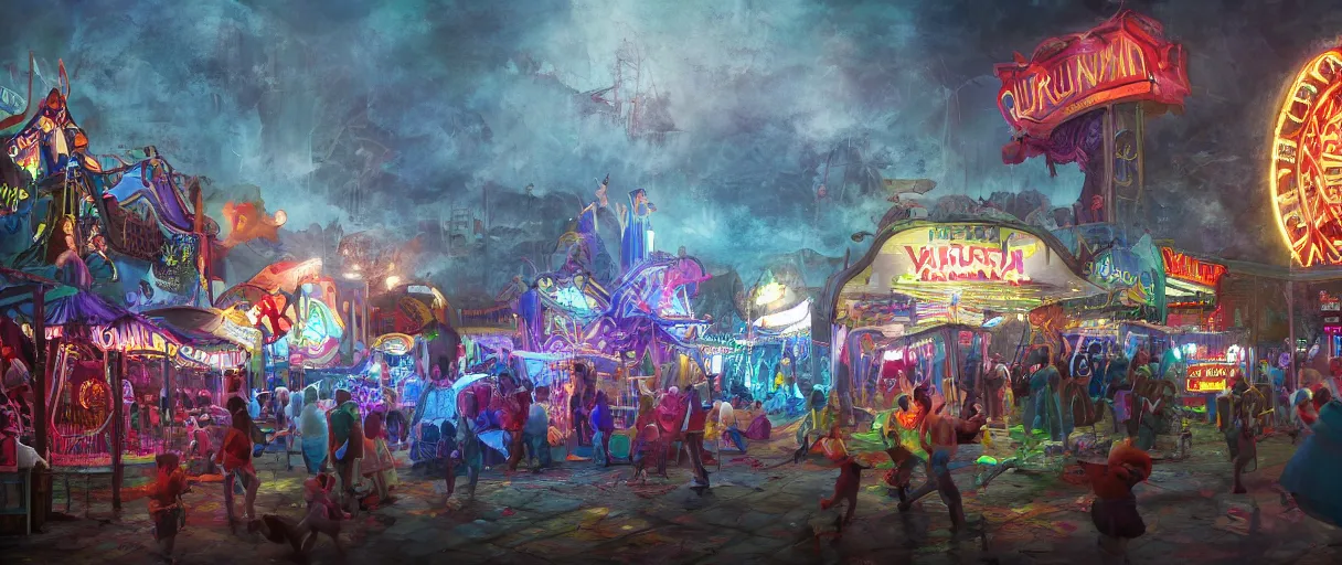 Image similar to a rendered painting of a run down horror carnival, lots of detail, volumetric lighting, concept art, digital painting, trending on artstation, vivid colours