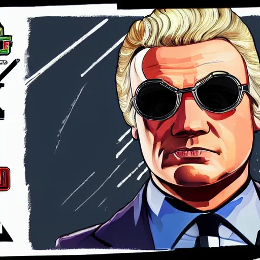 Prompt: illustration gta 5 artwork of geert wilders, sunglasses, in the style of gta 5 loading screen, by stephen bliss