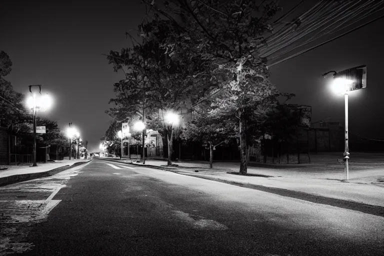 Prompt: neighborhood, lonely, 3 AM, street, lights out