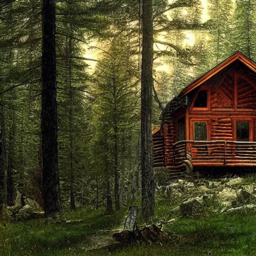 Image similar to a cabin in the woods by james gurney