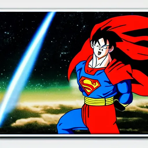 Prompt: 3 5 mm photo of goku fighting with superman on space as background, on an very epic cinematic