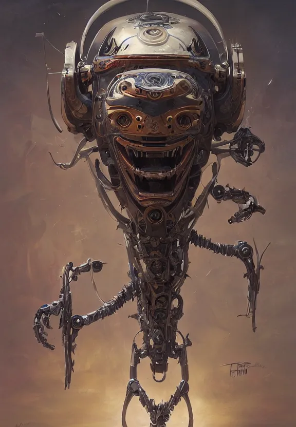 Prompt: a biomechanical alien robot samurai mask, intense stare, sarcastic smile, symmetrical, concept art, intricate detail, volumetric shadows and lighting, realistic oil painting by tim hildebrandt and greg rutkowski,