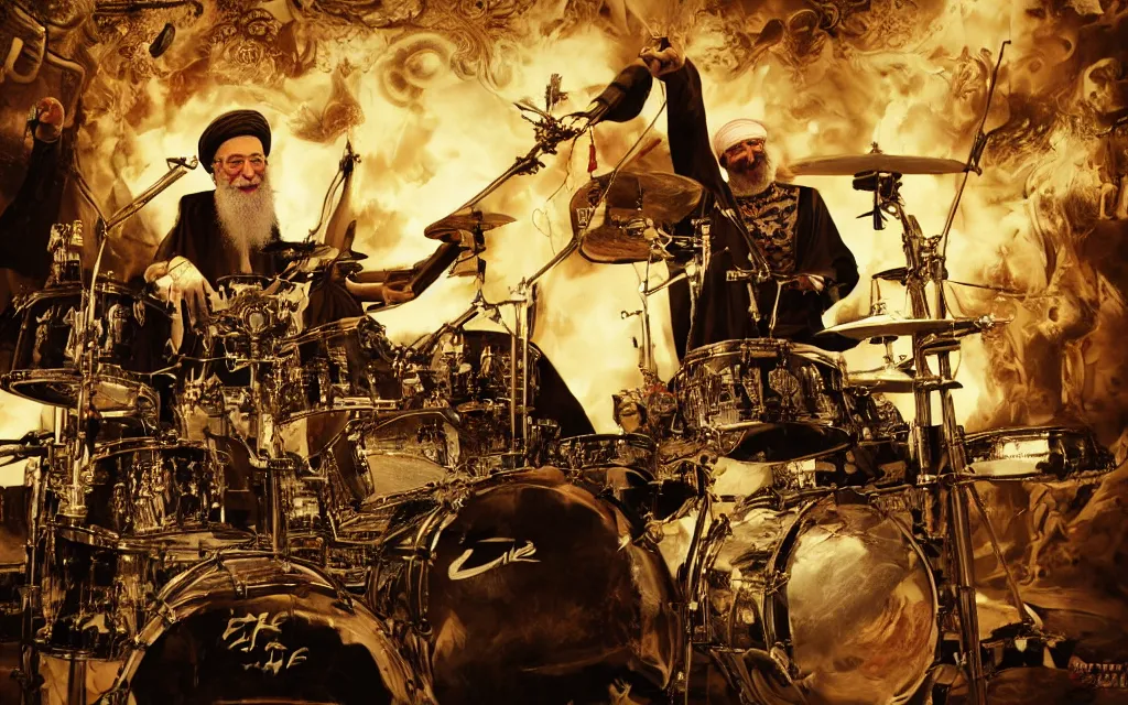 Image similar to khamenei playing drums in heavy metal band in hell hanged bodies in horizon, high definition, trending on artstation, unreal engine, photorealistic, high resolution,, trending on deviantart, hdr, hyper detailed, insane details, intricate, elite, ornate, elegant, luxury, dramatic lighting