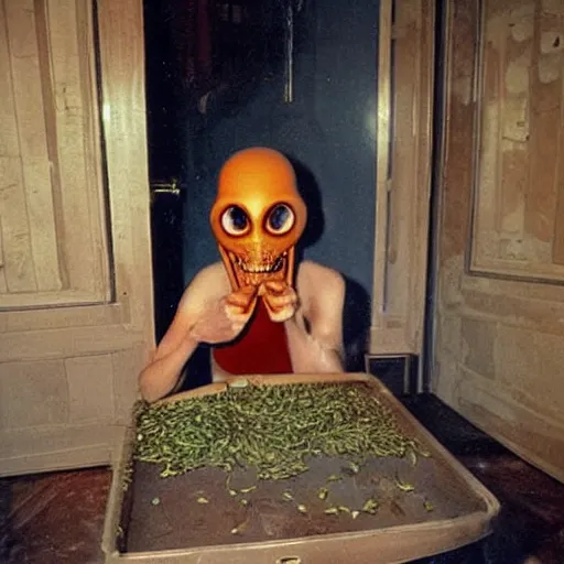 Prompt: an alien is sitting in the entrance of a soviet house, eating seeds and drinking beer, top secret style photo, 7 0 s