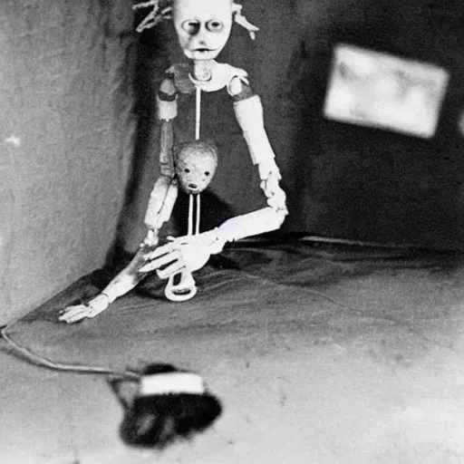 Prompt: female alive, creepy marionette puppet, horrific, unnerving, clockwork horror, pediophobia, lost photograph, dark, forgotten, final photo found before disaster, human laying unconscious in the background, polaroid, concrete room