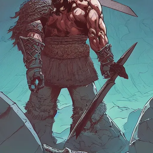 Image similar to cell shaded cartoon, a dark lord conan the Barbarian raising a sword atop a mountain of bones, concept art by josan gonzales and wlop, Laurie Greasley and james jean, highly detailed, sharp focus, Trending on Artstation, HQ, deviantart, art by artgem