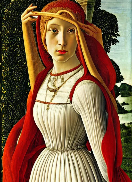 Image similar to portrait of young woman in renaissance dress and renaissance headdress, art by sandro botticelli