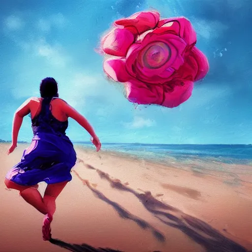 Image similar to portrait, giant rose flower head, woman running at the beach, surreal photography, sunrise, blue sky, dramatic light, impressionist painting, digital painting, artstation, simon stalenhag