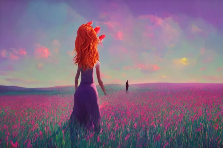 Image similar to giant gladiola head, girl walking in field of flowers, surreal photography, sunrise, blue sky, dramatic light, impressionist painting, digital painting, artstation, simon stalenhag