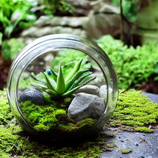 Image similar to a terrarium jar with moss and stone, tropical style