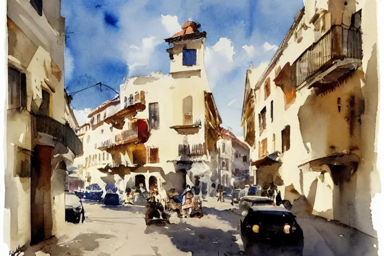 Prompt: abstract watercolor painting of spanish street, white buildings, summer, magical and traditional, cinematic light, french cafe, sharp shadows, daylight, national romanticism by anders zorn, by greg rutkowski, by greg manchess