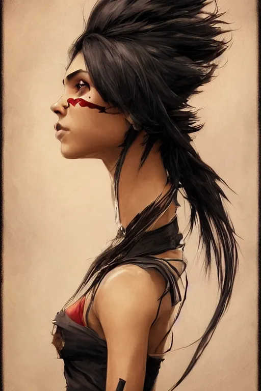 Prompt: woman with sleak outsider rebel style cloth, tatoo spiky black hair and dark skin, profile , backlight, dramtic lighting, amber eyes, long thin scar on her face. highly detailed, digital painting, artstation, concept art, sharp focus, beautiful face, expressive eyes, illustration, art by Artgerm and greg rutkowski and alphonse mucha