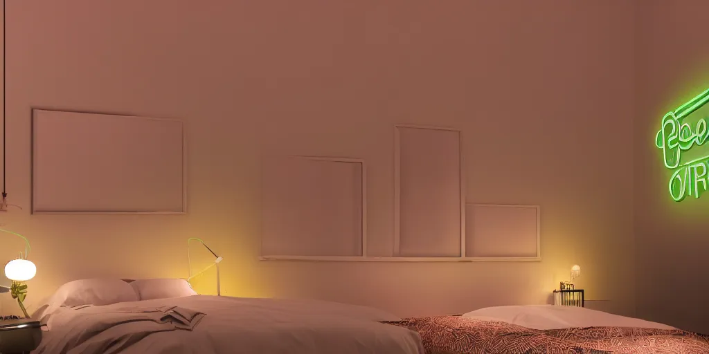 Prompt: landscape photo of a beautiful neon hotel bedroom, nighttime, volumetric lighting, 8k photography, 8k, 4k