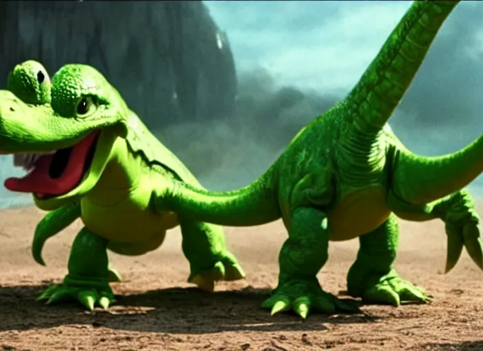 Image similar to film still of yoshi in the new sci - fi movie, cute upright dinosaur standing on its hind legs with a small turtle shell and long tongue, 8 k