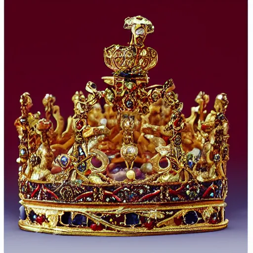 Image similar to a large ornate crown with sapphires and engraved runes, placed upon a crimson altar, d & d, photo