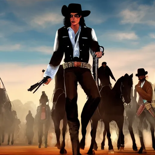 Prompt: michael jackson the red dead redemption loading screen, masterpiece, 8 k, 4 k, art by daren bader