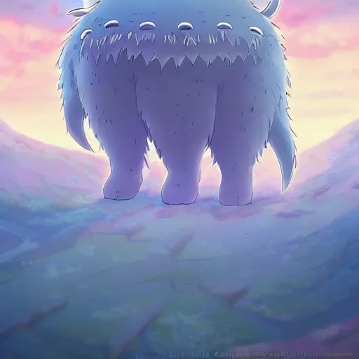 Image similar to big cute creature made in studio ghibli artstyle, high quality detailed, 8k, smooth, sharp focus, beautiful scene, ghibli, wonderful, anime art , cinematic scene, fantasy,