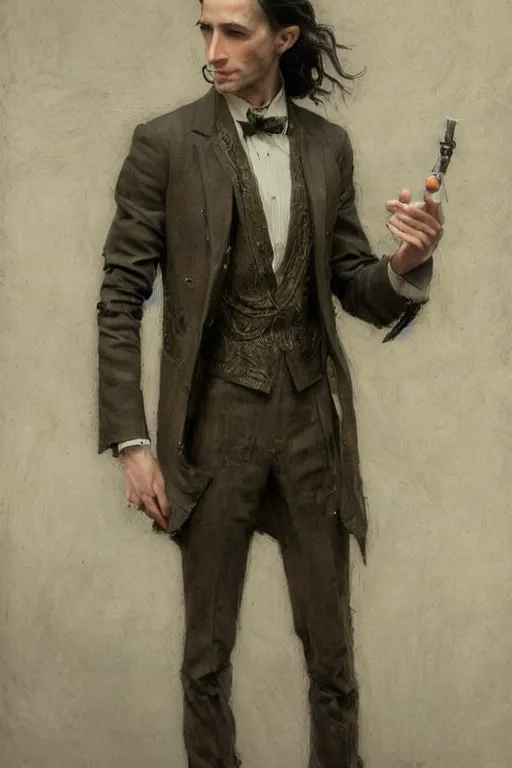 Image similar to skinny male fantasy scientist, long dark hair, 1 9 2 0 s, elegant, highly detailed, intricate, smooth, sharp focus, artstation, digital paining, concept art, art by donato giancola, greg rutkowski, artgerm, cedric peyravernay