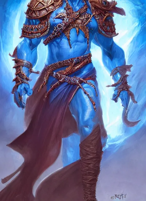 Image similar to blue djinn, ultra detailed fantasy, dndbeyond, bright, colourful, realistic, dnd character portrait, full body, pathfinder, pinterest, art by ralph horsley, dnd, rpg, lotr game design fanart by concept art, behance hd, artstation, deviantart, hdr render in unreal engine 5