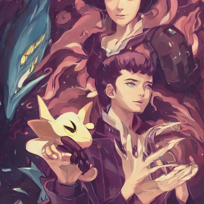 Image similar to anime portrait pokemon, futuristic science fiction, mucha, hard shadows and strong rim light, art by jc leyendecker and atey ghailan and sachin teng