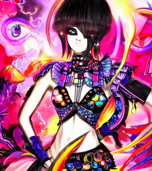 Prompt: very beautiful maximalist closeup portrait painting of a black bobcut hair style cybergoth magical girl in a blend of manga - style art, augmented with vibrant composition and color, all filtered through a cybernetic lens, by hiroyuki mitsume - takahashi and noriyoshi ohrai, dynamic lighting, flashy modern background