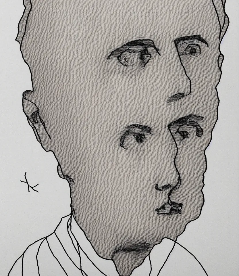 Prompt: minimalist line art portrait of french writer romain rolland, inspired by egon schiele. contour lines, musicality, twirls and curves, strong personality