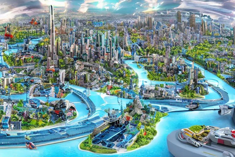 Image similar to city utopia with a river and spaceship.