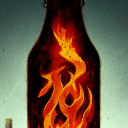 Prompt: closeup shot of a bottle with fire coming out, detailed digital illustration by greg rutkowski