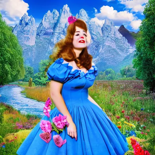 Prompt: giant alice in wonderland, pin up, houses, trees, mountains, woman, city, digital art, photo, blue dress, photoshop, flowers, collage, river, up