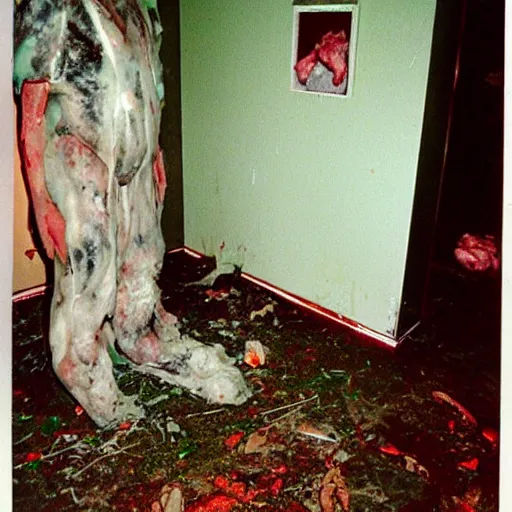 Prompt: 1 9 9 3, disposable camera, flash, old abandoned house, creature standing, meat, ooze, slime, veins, wet