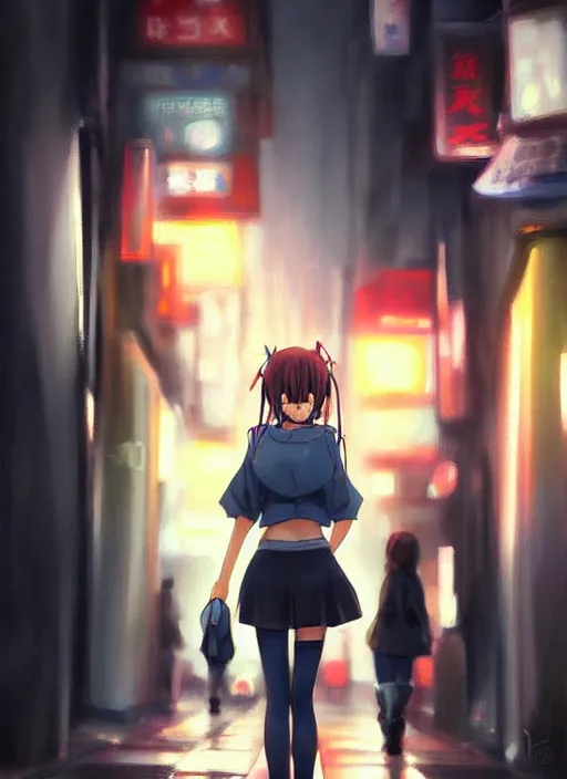 Image similar to a realistic painting of an anime girl crossing a crowded street at night in the city of Tokyo. Gorgeous realistic lighting. Atmospheric. Digital painting. Artstation.