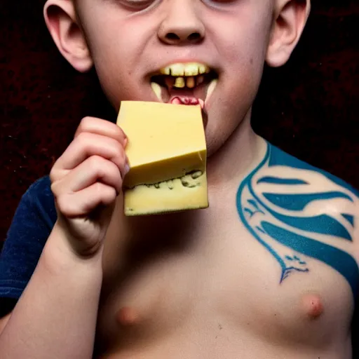 Image similar to boy eating a big piece of cheese, Tattoo, Shot on 70mm, by Wētā FX