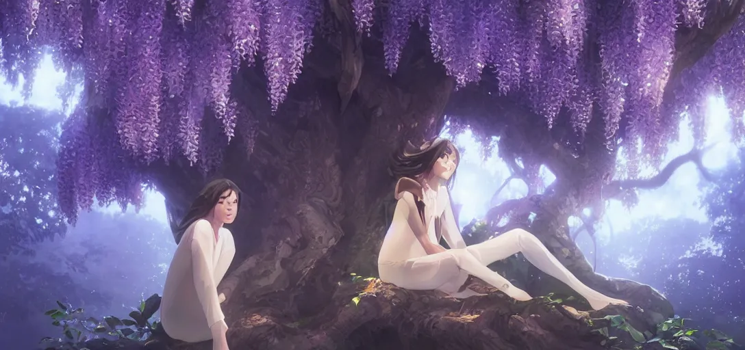 Prompt: Young Himalayan woman sitting in a large tree, glowing wisteria, night time scene, somber white eyes, long ashy hair, gentle lighting, futuristic, dim lighting, digital art by Makoto Shinkai ilya kuvshinov and Wojtek Fus, digital art, concept art,