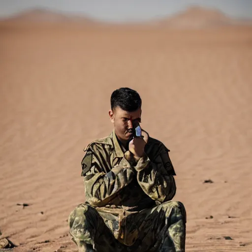 Prompt: portrait of a man wearing camuflage, army clothing, he ‘ s sitting in the desert eating some colorful crayons, beautiful composition, 5 0 mm f 1. 8, ambient light