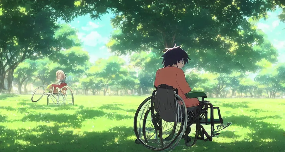 Image similar to a green long - haired boy in a wheelchair under a tree, day, sunshine, warm colors, relaxing, calm, cozy, peaceful, by mamoru hosoda, hayao miyazaki, makoto shinkai