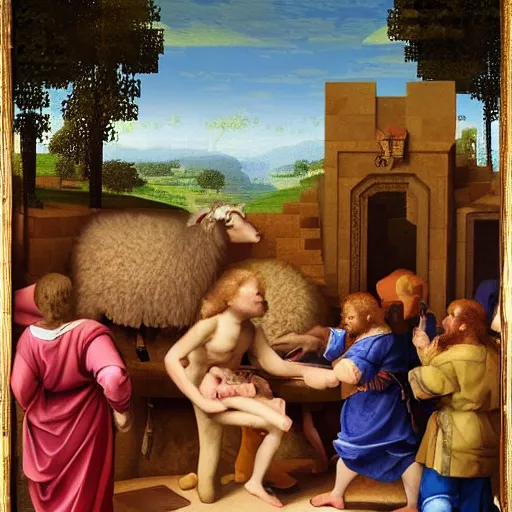 Prompt: renaissance painting of a Minecraft sheep