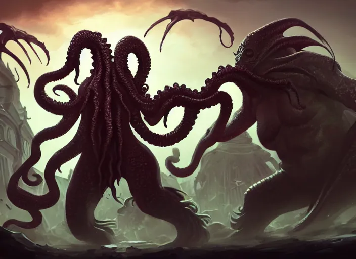 Prompt: cthulhu character concept art, dynamic pose, digital illustration, trending on artstation, intricate details, epic composition, sharp focus, 8 k uhd, masterpiece, league of legends splash art