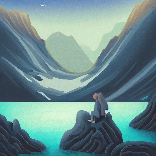 Prompt: digital painting of mountain landscape with a lake and character near the water by philip sue art, by philip sue, contest winner on behance, dark blue, lavender, light blue color scheme, xpen drawing