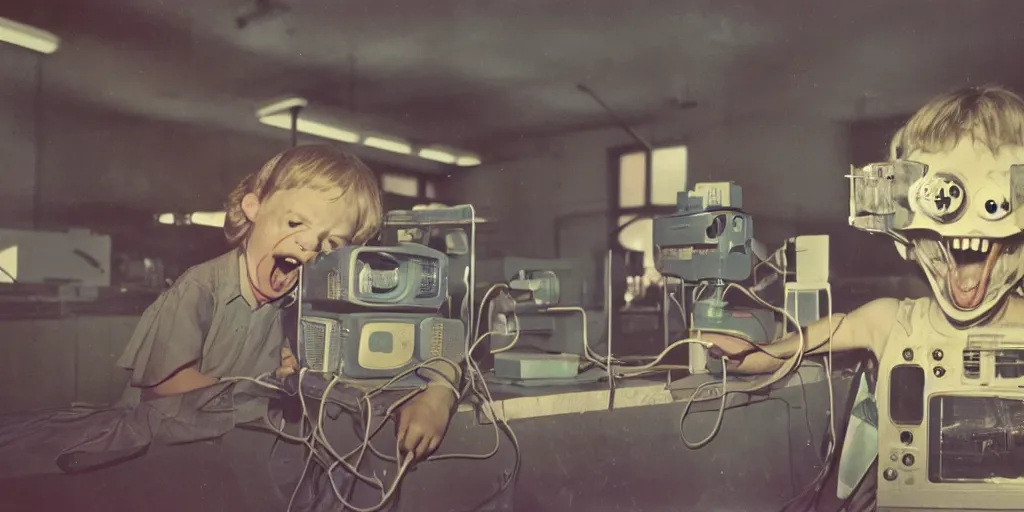 Image similar to a screaming and angry mechanical monster child with a TV monitor for its head, inside of a 1970s science lab, neon lights, dirty, ektachrome photograph, volumetric lighting, f8 aperture, cinematic Eastman 5384 film