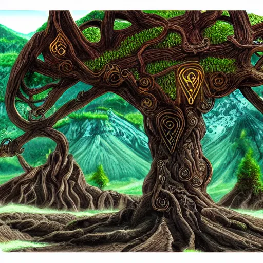 Image similar to The beautiful Yggdrasil world tree etched with futhark runes, standing in a mountainous valley, cartoon digital art