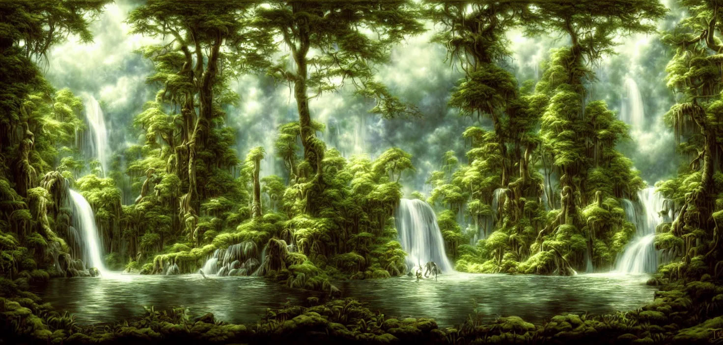 Image similar to a painting of a waterfall in a forest, a detailed matte painting by todd lockwood, deviantart, fantasy art, matte painting, matte drawing, airbrush art