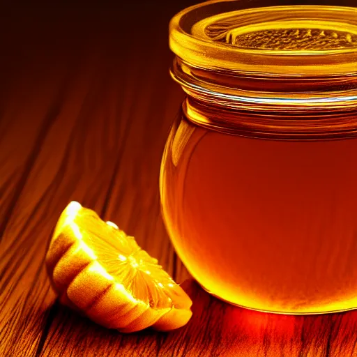 Image similar to jar of honey, nectar from the gods, highly detailed, dynamic shadows, 4 k, wallpaper, professional photo, caustics
